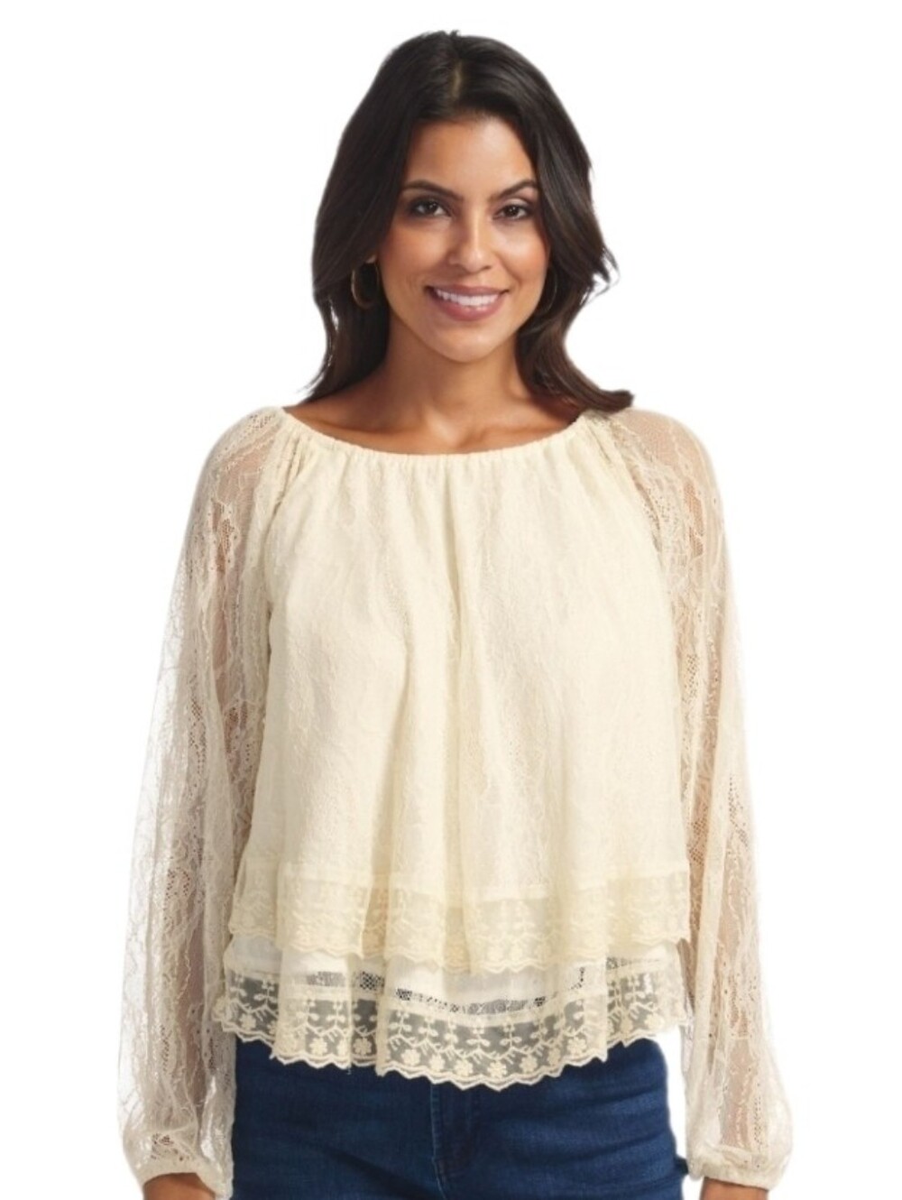 Masseys Top Tiered Lace Peasant Blouse Cream Size M